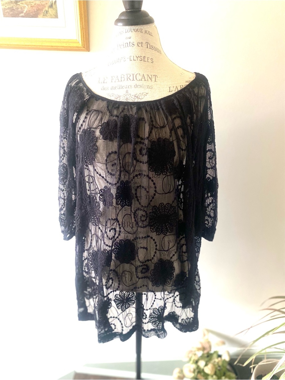 Black Floral Pleated Trapeze Boho Lace Top/ Mini Dress with Sheer Overlay